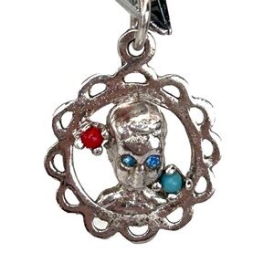 Head Pendant/Charm Colourful Blue Red Stones & Blue Rhinestone Eyes 925 Silver